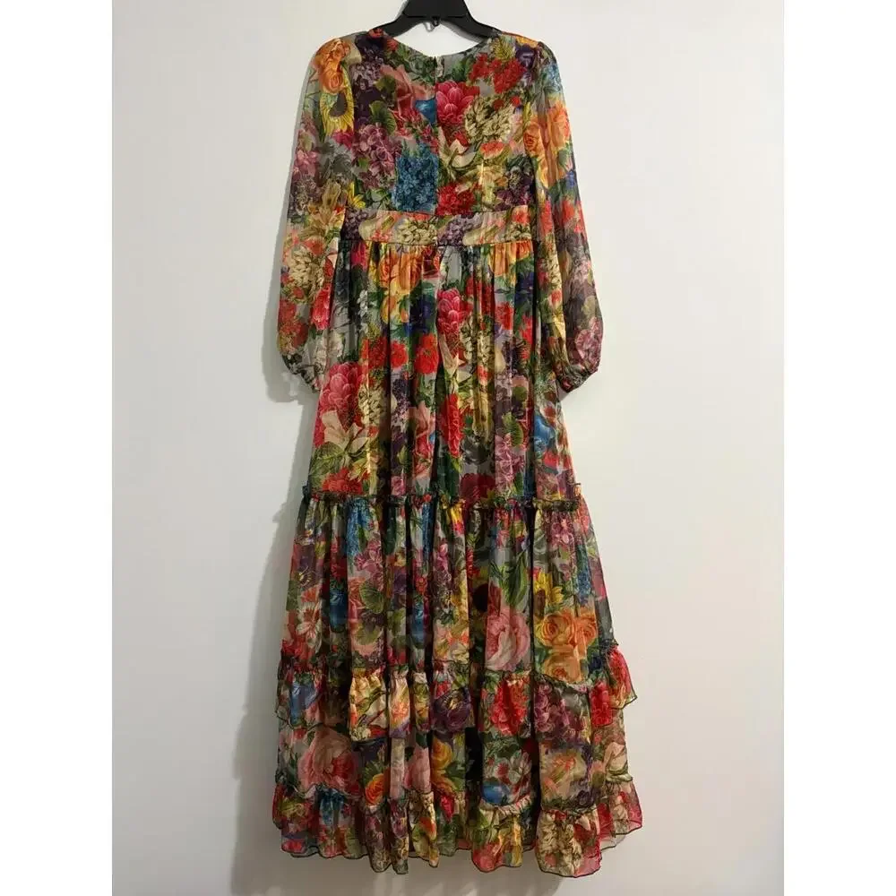 Toleen Dress Womens Medium Floral Babydoll Ruffles Boho Peasant Maxi Sheer L/S - Picture 7 of 9